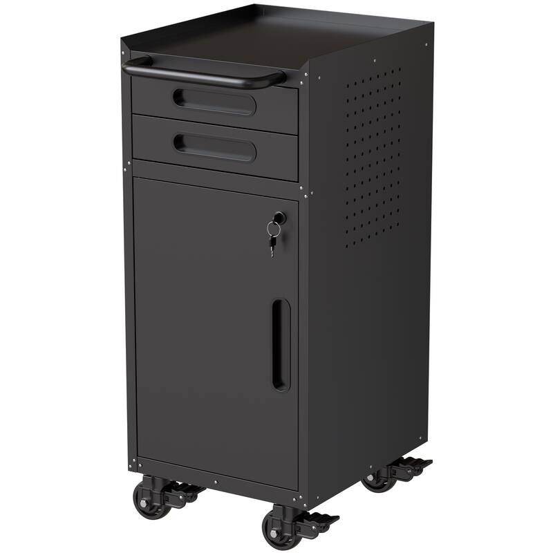 34.3" Narrow Rolling Tool Cabinet - Space-Saving Garage Storage with Lockable Door, 2 Drawers and Large Handle