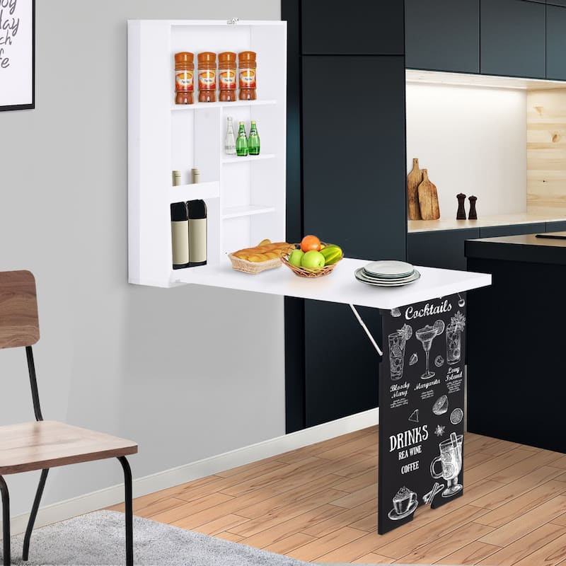 Wall Mounted Foldable Desk with a Blackboard, Fold Out Convertible Floating Desk with Shelves, White