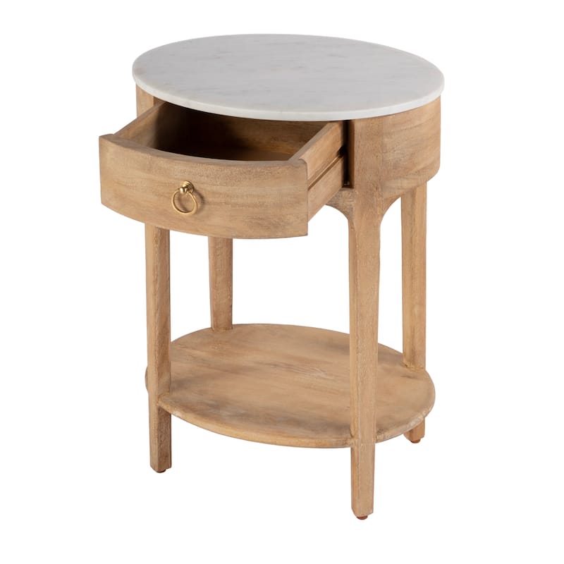 Ellen 18.25 in. W Oval Marble and Wood 1-Drawer Nightstand