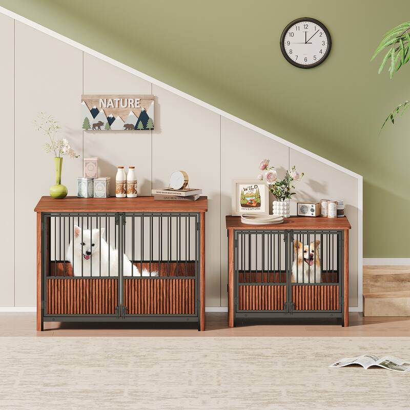 43'' Fluted Wood Dog Crate with 3 Doors, Indoor Decorative Dog Crate End Table, Dog Kennel Cage for Small to Medium Dogs