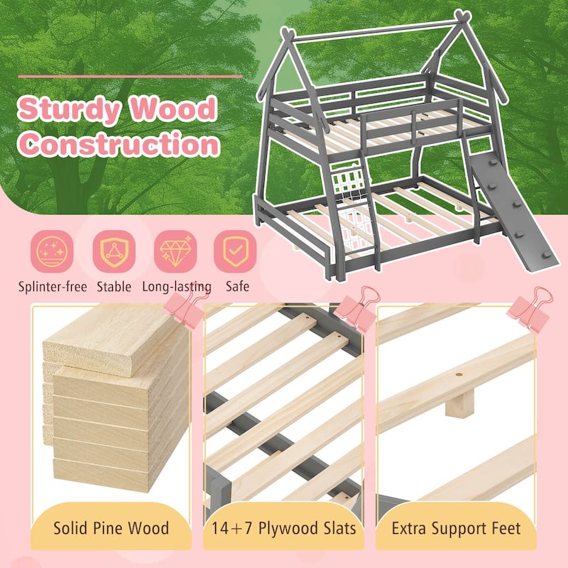 Costway Twin Over Queen Bunk Bed House Shaped Bed Frame with Climbing - See Details