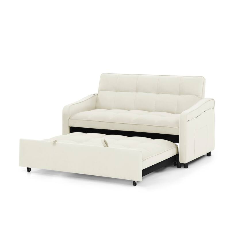53" Foam Adjustable Loveseat Sofa Bed with Pull-Out Bed, USB/Type-C Charging, Copper Nail Trim, and Arm Storage Pockets