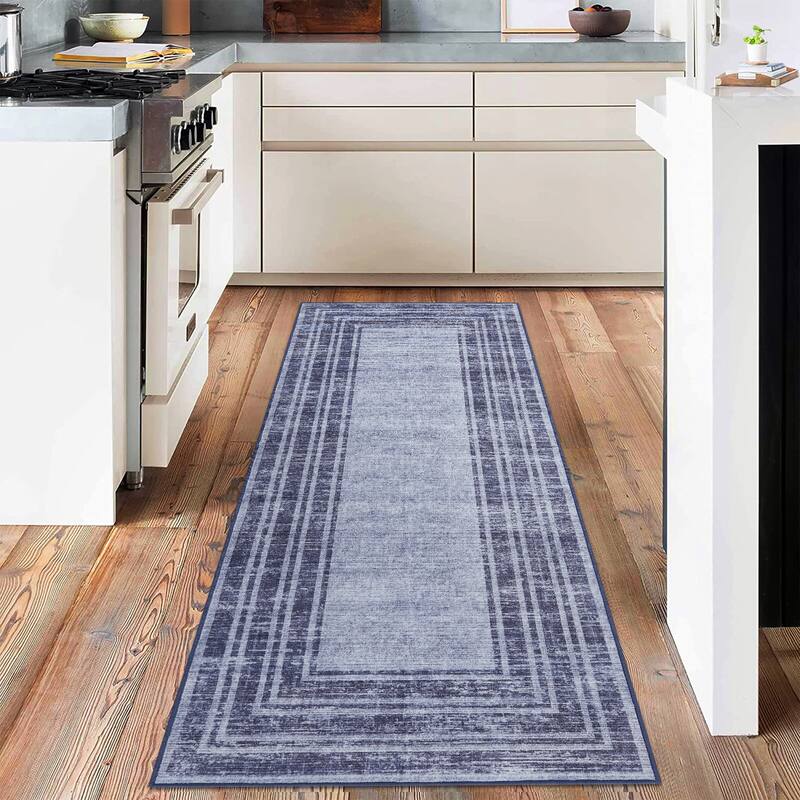 Washable Area Rugs for Living Room, Soft Modern Bordered Rug Non Slip Low Profile Carpets for Bedroom Dining Room - Blue - 2' x 6' Runner