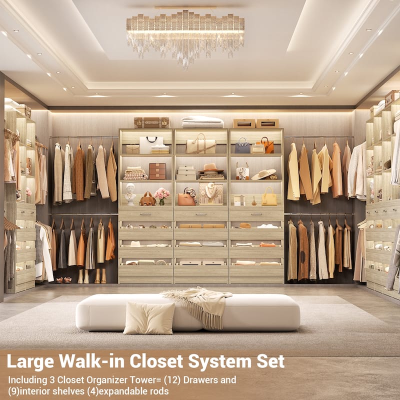 140'' Walk-in Closet Organizer System with 12 Drawers ＆ 4 Hanging Rods, 8.5-11.5FT Wooden Wardrobe Clothes Rack with 3 Towers