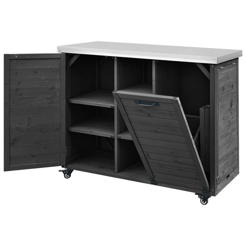 78.3" Outdoor Kitchen Island with Foldable Grill Table, Wooden Cart with Trash Storage & Stainless Steel Top for Lawn & Garden