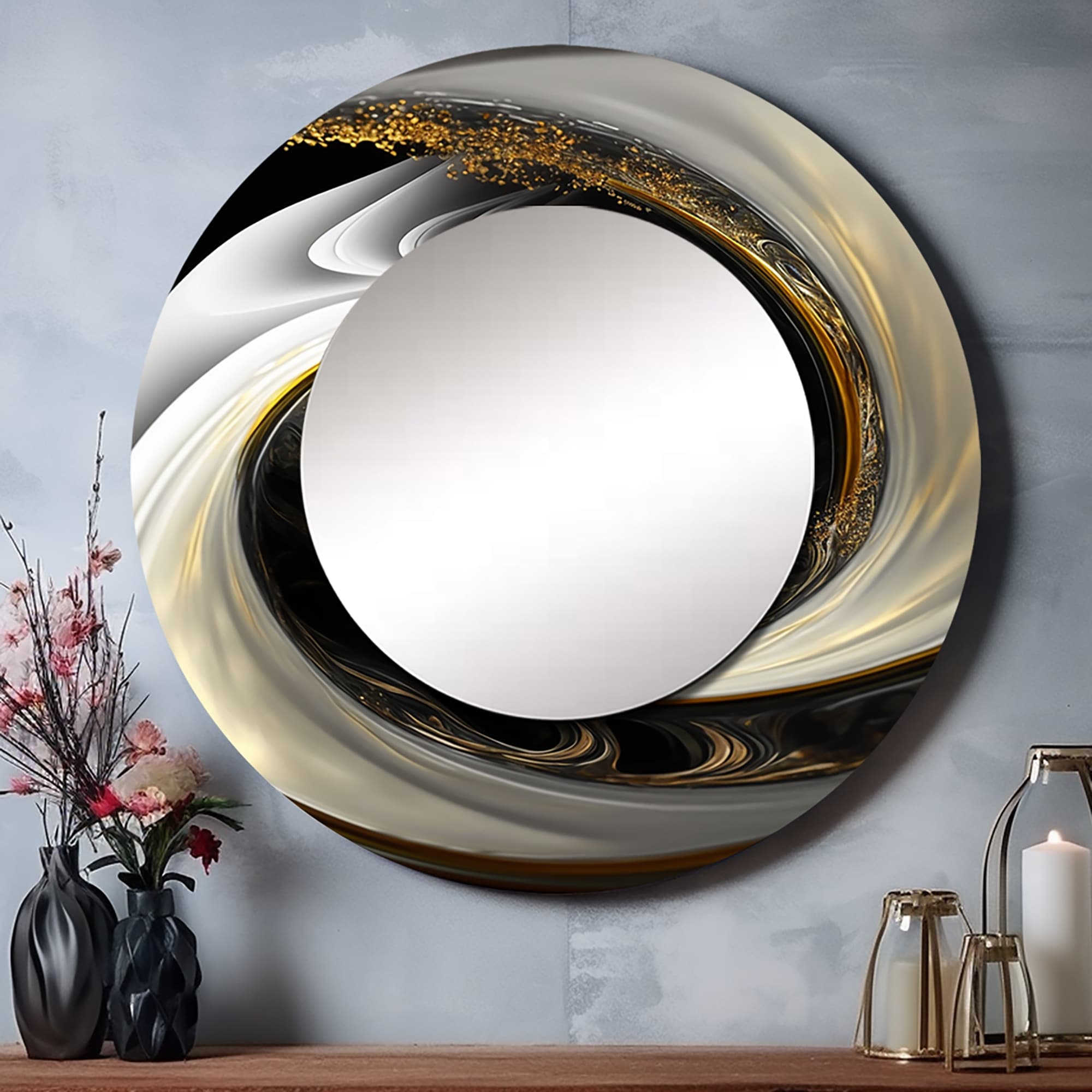 Designart "Abstract Modern Swirl I" Animals Round Bathroom Mirror - Black Modern Round Wall Décor