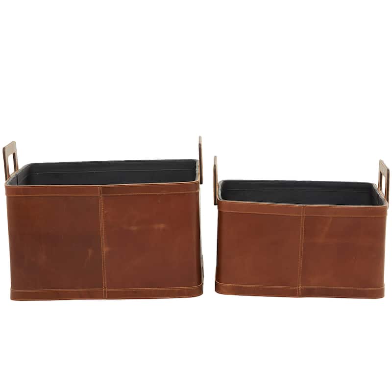 Sleek Leather Modern Storage Basket with Handles (Set of 2) - Dark Blue or Brown