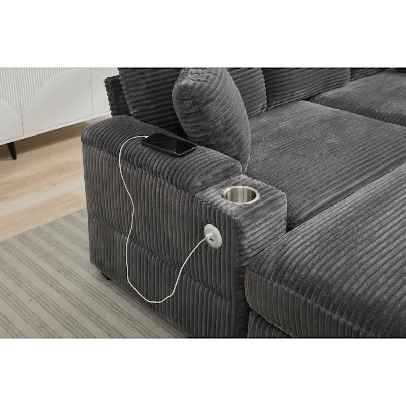 GDFStudio - Seraphina Modular Corduroy Convertible Sectional Sofa Bed with USB and Stainless Steel Cup Holders