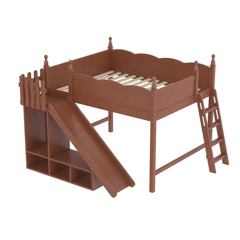 Queen Loft Bed with Storage Shelves and Wardrobe, Solid Wood Loft Beds with Detachable Slide and Ladders, No Spring Box Needed