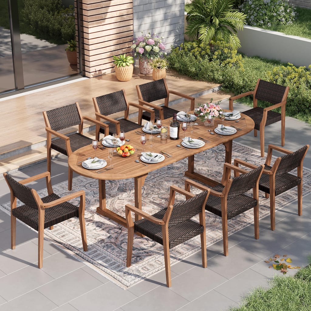 MAISON ARTS 7/9-Piece Acacia Wood Outdoor Dining Set for 6/8, Expandable Table with Wicker Chairs, Farmhouse Patio Furniture