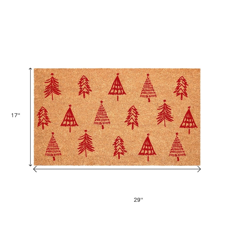 HomeRoots 17" X 29" Brown And Red Christmas Trees Outdoor Coir Door Mat - 17.00' X '29.00