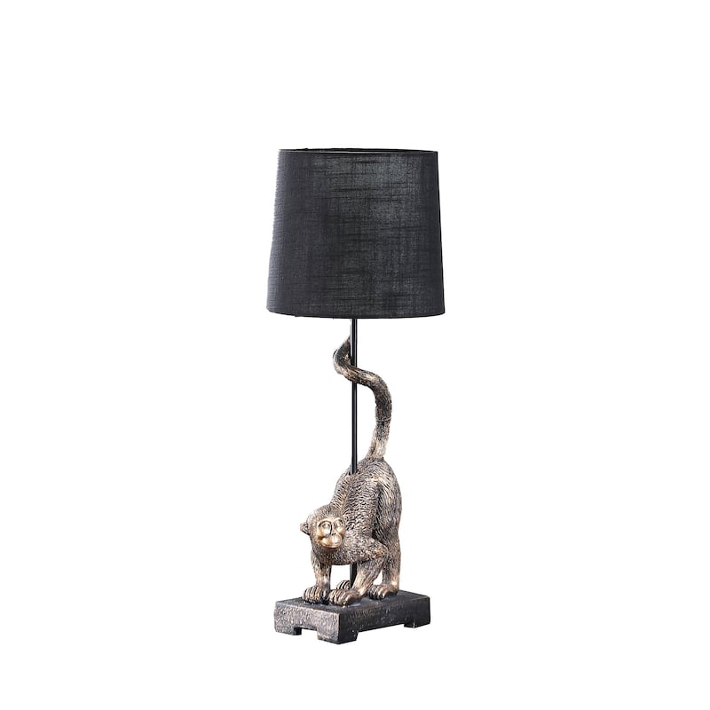 HomeRoots Antiqued Gold Monkey Table Lamp With Black Drum Shade - 9