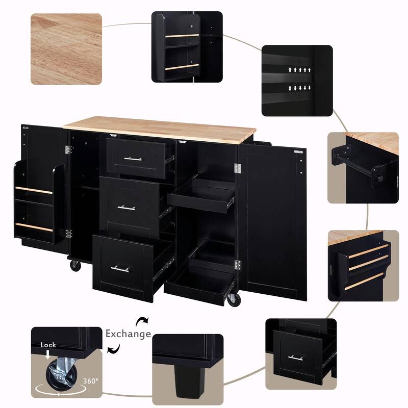Rolling Kitchen Island with Rubber Wood Top, Drawers, Shelves, Internal Storage, Wheels, Spice & Towel Racks