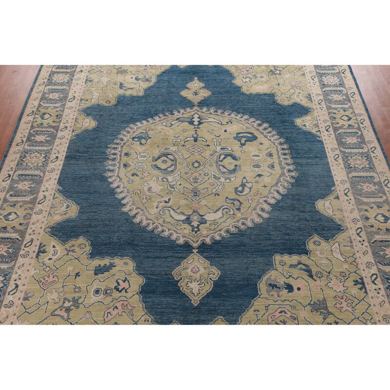 Hand Knotted Oriental 100% Wool Carpet Transitional Medallion Navy Blue & Blues Oushak Area Rug - 14' 9'' X 11' 10''