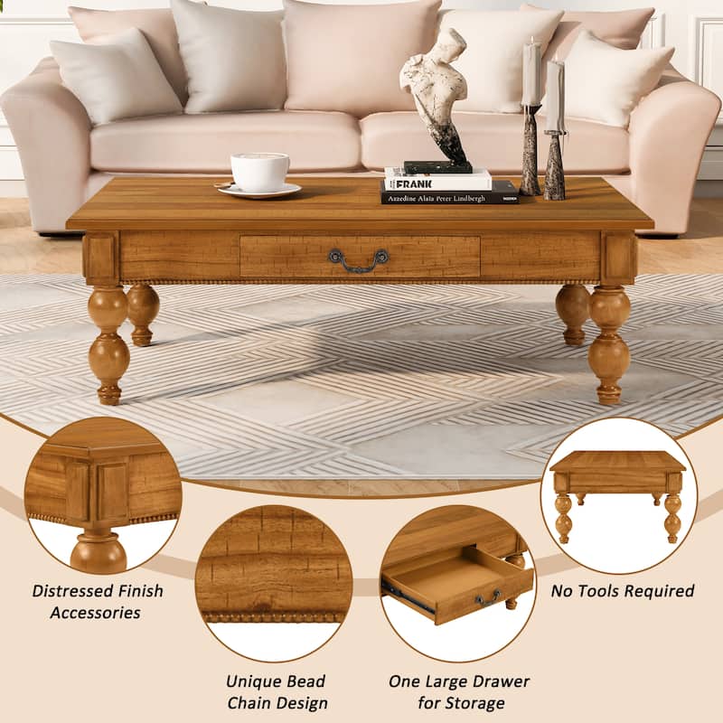 Solid Wood Table Sets of 3 with Coffee Table and 2 End Tables, Vintage Tables with Storage Drawers and Unique Gourd-Shaped Legs
