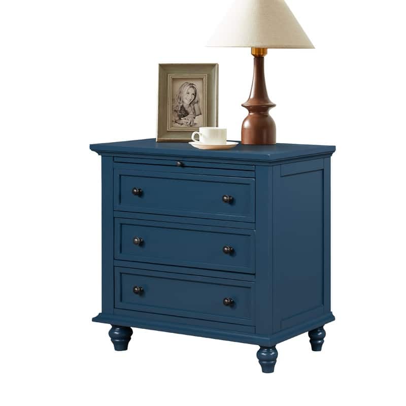 Farmhouse 3-Drawers Wood Nightstands with Pull Out Tray and Solid Wood Legs