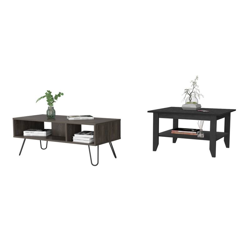 FM Furniture Bouse 2-Piece Living Room Set with Coffee Table and Coffee Table with Hairpin Legs, Black/ Espresso