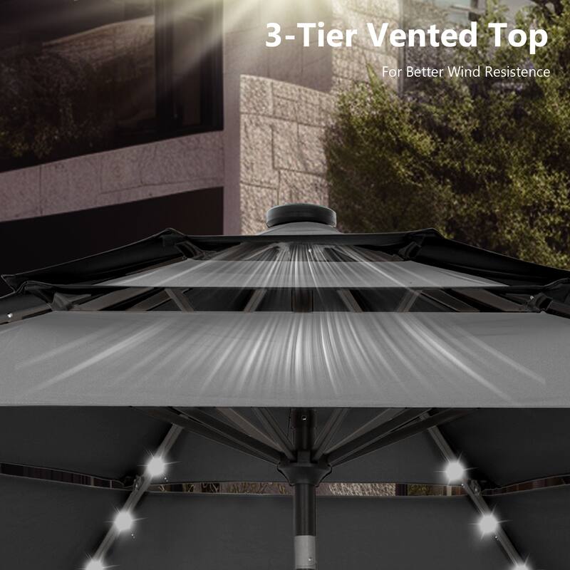 MAISON ARTS 10ft 3 Tier Auto-tilt Patio Umbrella Outdoor Double Vented Umbrella with LED Lights