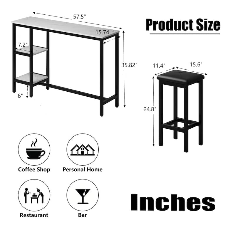 3-People Counter Heihgt Dining Set w/Storage, 4 Piece Kitchen Bar Table Set w/3 Upholstered Stools