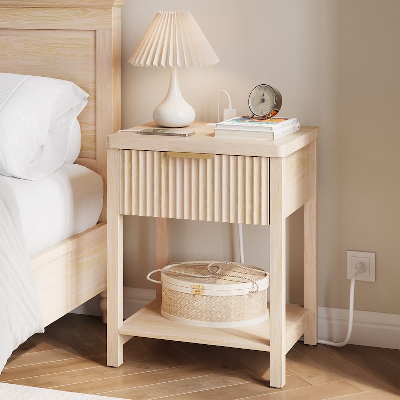 Nightstand with Drawers Fluted Bedside Table with Charging Station