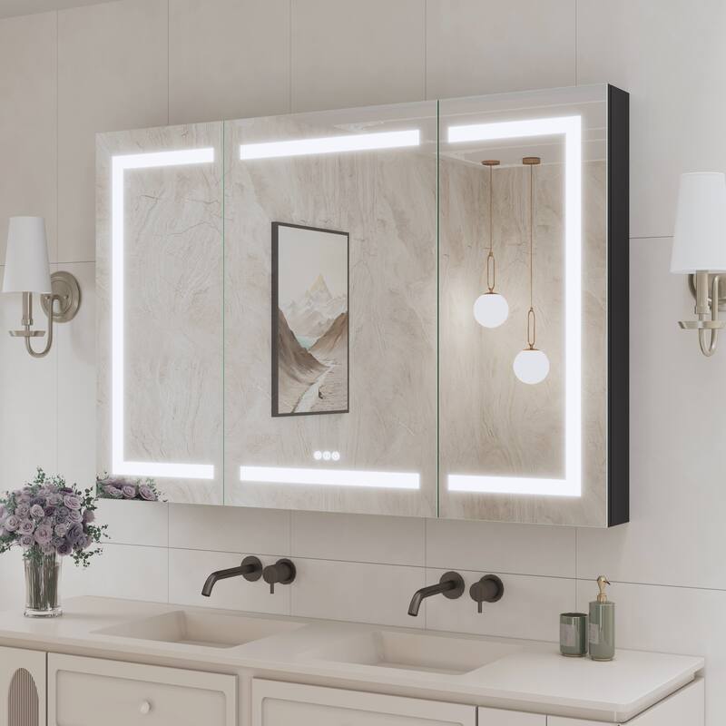 Rectangular Aluminum Recessed/Surface Mount Frameless Anti-Fog Medicine Cabinet with Dimmable LED Lights