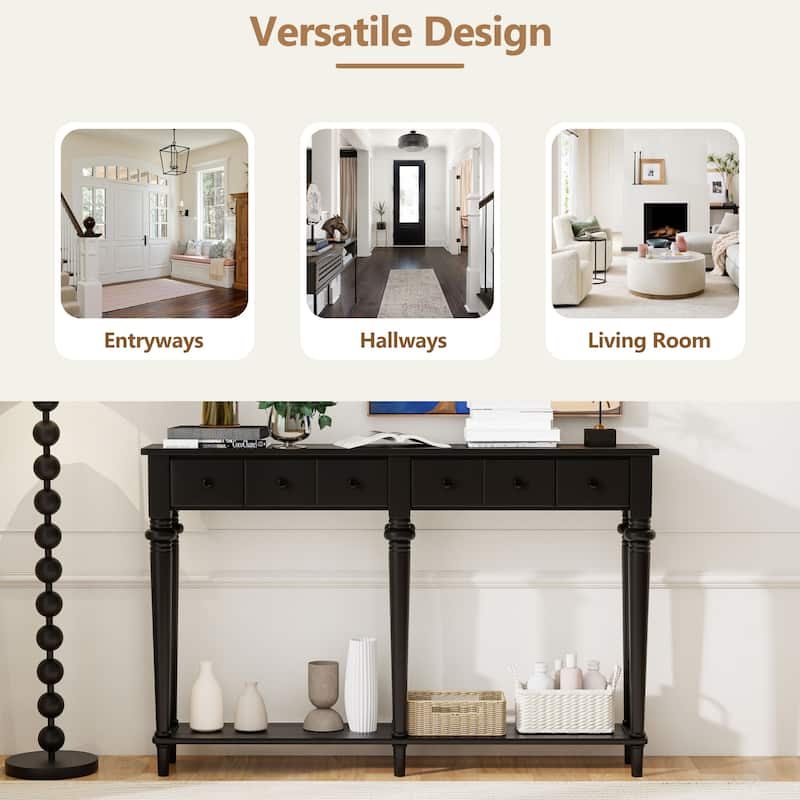 59" Retro Console Table with Open Shelf and 4 Drawers