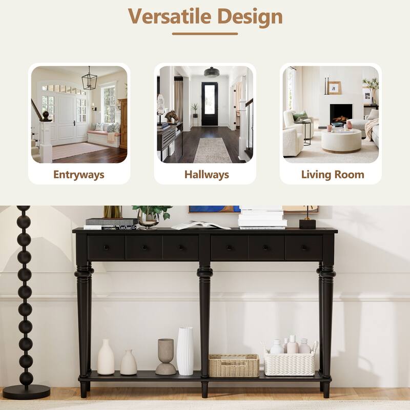 Versatile Hallway Table Side Table with 4 Storage Drawers, Accent Table Sofa Table with Bottom Open Shelf, Black