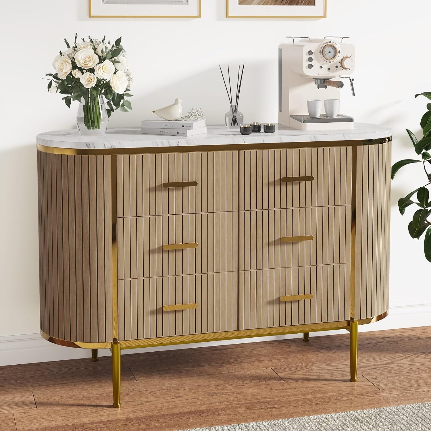 47.2 Inch Fluted 6 Drawer Dresser, Mid Century Wooden Chest of Drawers with Curved Design and Marble Style Top