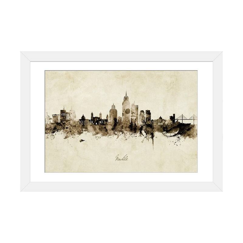 iCanvas "Mobile Alabama Skyline Vintage" by Michael Tompsett - White - 24x32x1