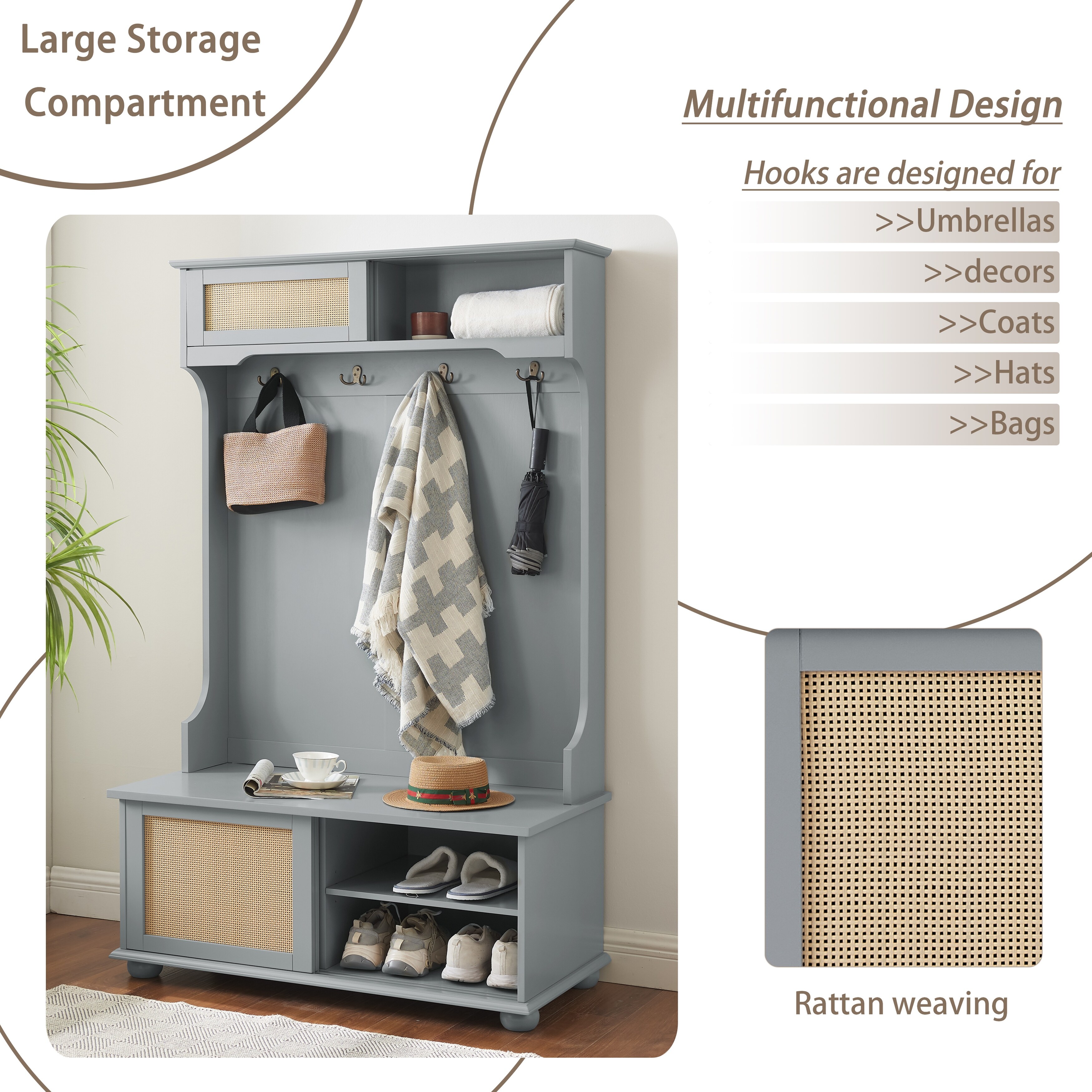 Casual Hall Tree Entryway Bench with Rattan Door Shoe Cabinets and Open Storage Shelves Gray Coat Rack for Hallway Entrance