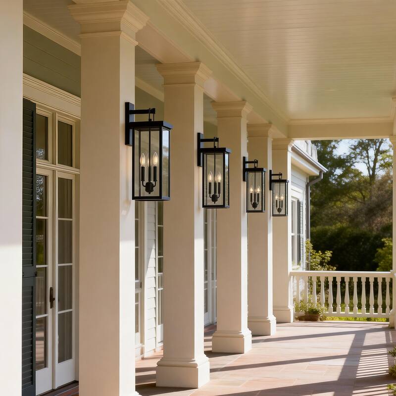 3-light Metal Outdoor Wall Sconce Candle Bulb Lantern(4-pack) - Black - Large