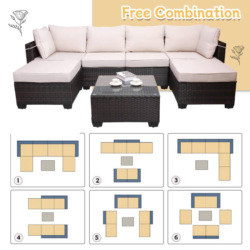 Outdoor Garden Patio Furniture 7-Piece PE Rattan Wicker Cushioned Sofa Sets with 2 Pillows and Coffee Table