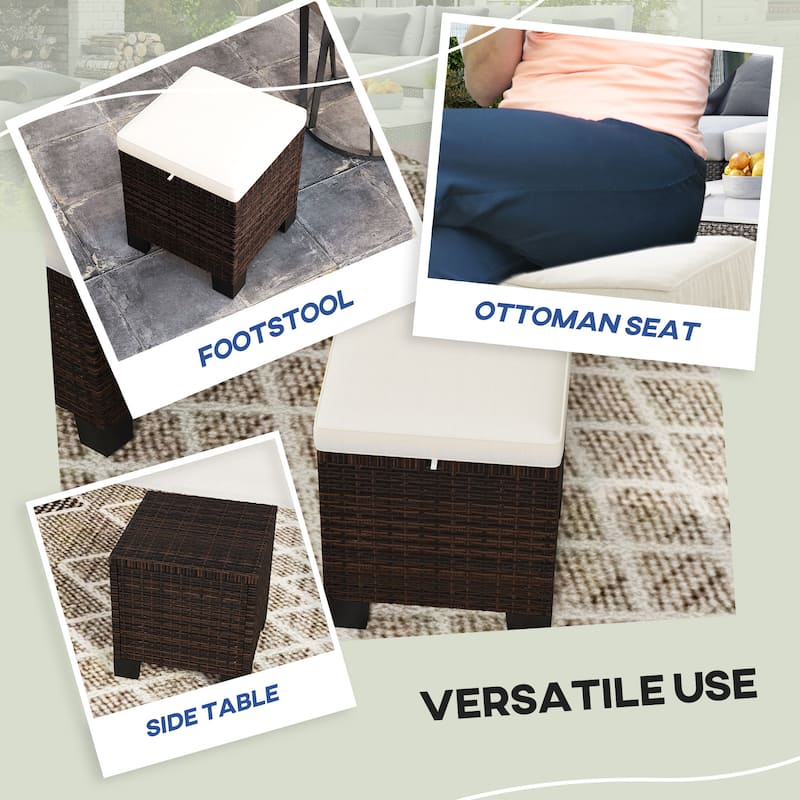 Beige-Brown Steel PE Wicker Outdoor Ottoman Set of 2 with Cushions - 15.7" W x 15.7" D x 18.1" H