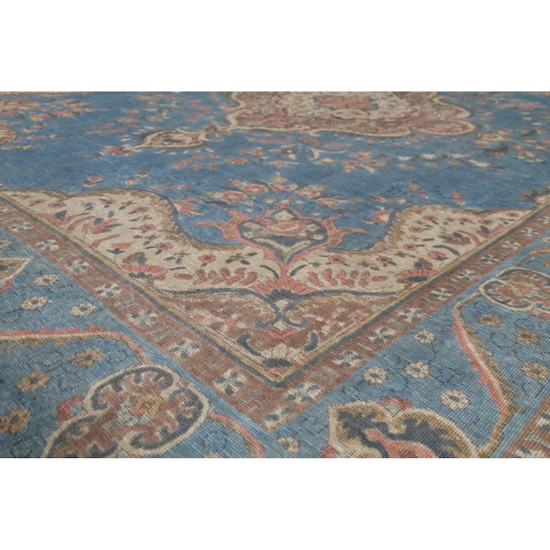Blue Floral Tabriz Persian Antique Area Rug Hand-Knotted Wool Carpet - 9'6"x 12'10"