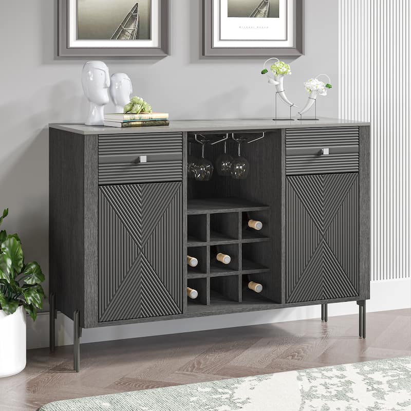 42" Modern Wine Cabinet with Metal Glass Rack and Drawers - 42" in Width
