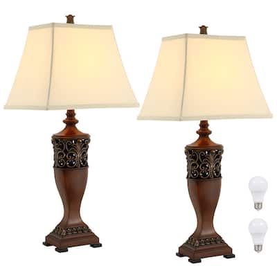 30 in. Wood Table Lamp with Off-White Shade, 9.5-Watt LED Bulbs Included (Set of 2)