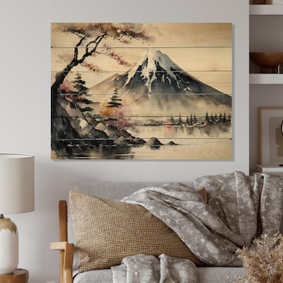 Designart 'Japanese Landscape In Watercolor II' Japon Landscape Wood Wall Art - Natural Pine Wood