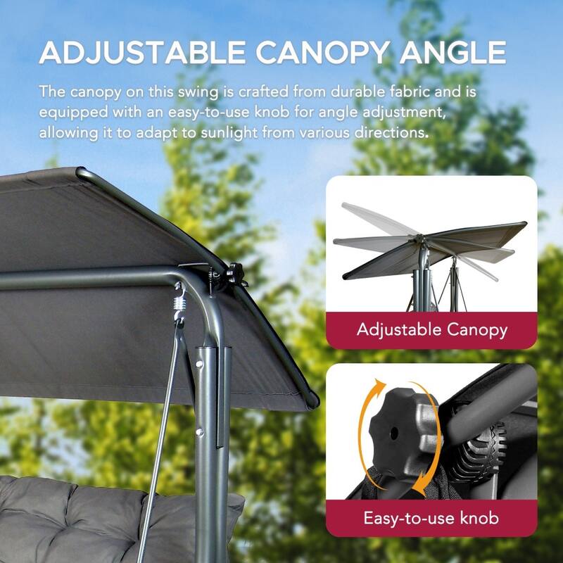 SUNJOY 3 Seat Deluxe Patio Swing Steel Frame, Adjustable Canopy Cushions Made in Italy