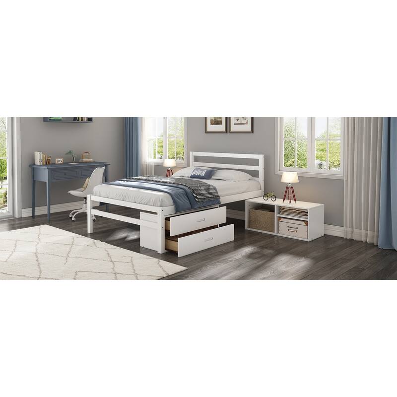 Full Size Wood Bed with Removable Shelves & 2 Storage Drawers