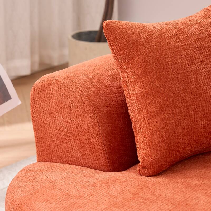 Chenille Crescent-Shaped Loveseat Sofa, High-Resilience Foam Filled 3-Seater Sofa, Upholstered Floor Sofa with Pillows