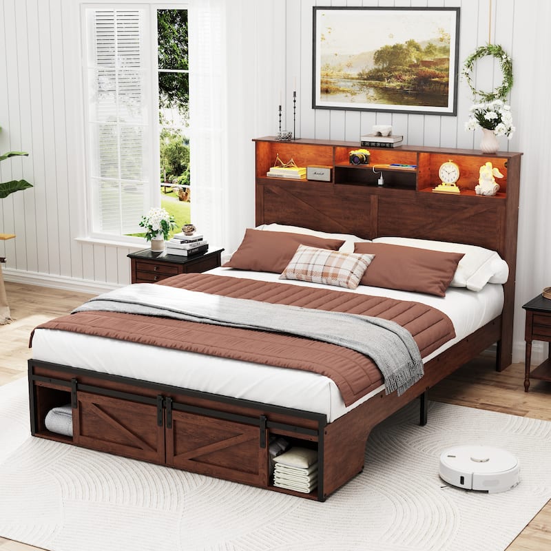 Farmhouse Storage Bed Frame with Storage Headboard, Charging Station and LED Lights, Optional Platform Bed with Drawers