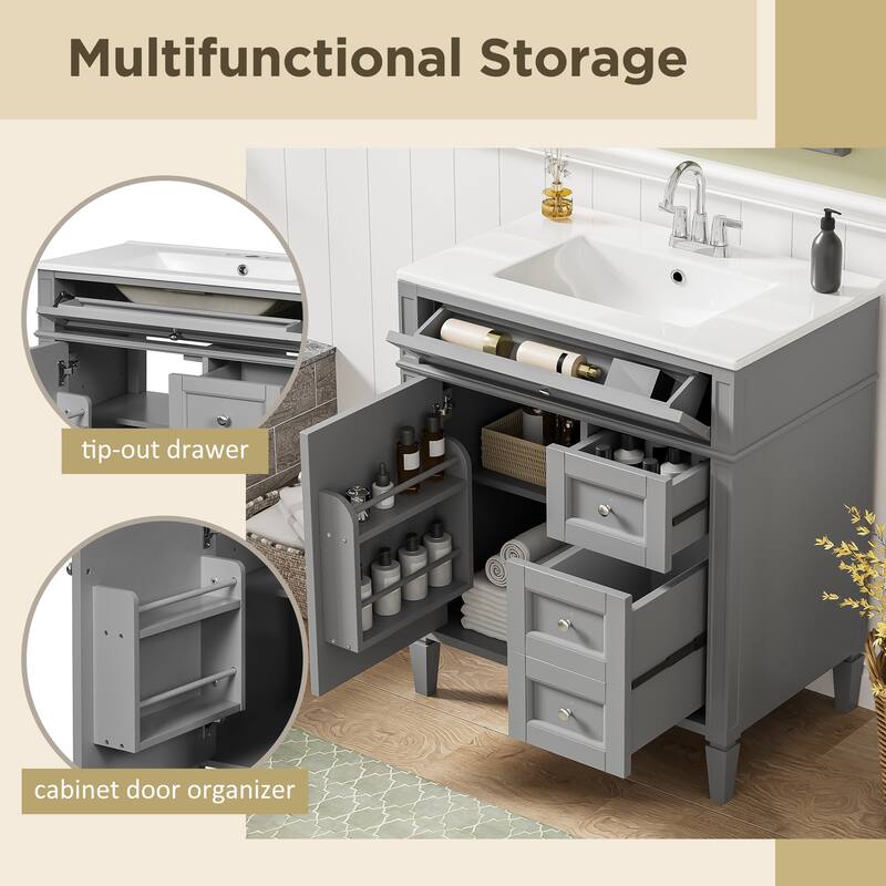 Single Sink Vanity for Bathroom Storage Cabinet with Tip-out Drawer, Small Drawer, Large Drawer, Door Rack and Adjustable Shelf