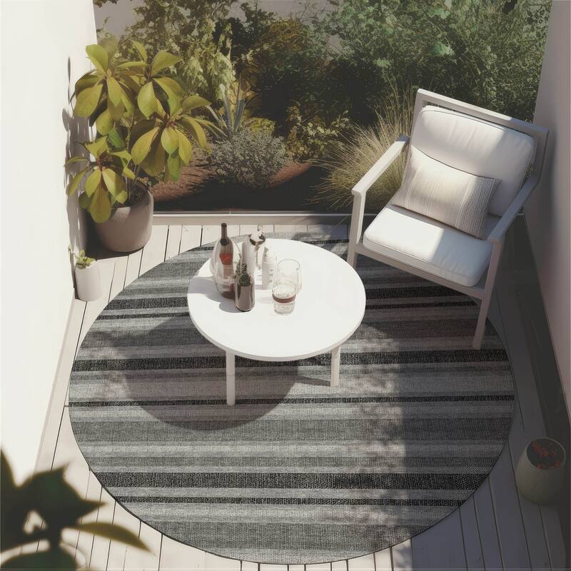 Machine Washable Indoor/ Outdoor Multi Cabana Stripe Chantille Rug - Gray - 8' x 8'