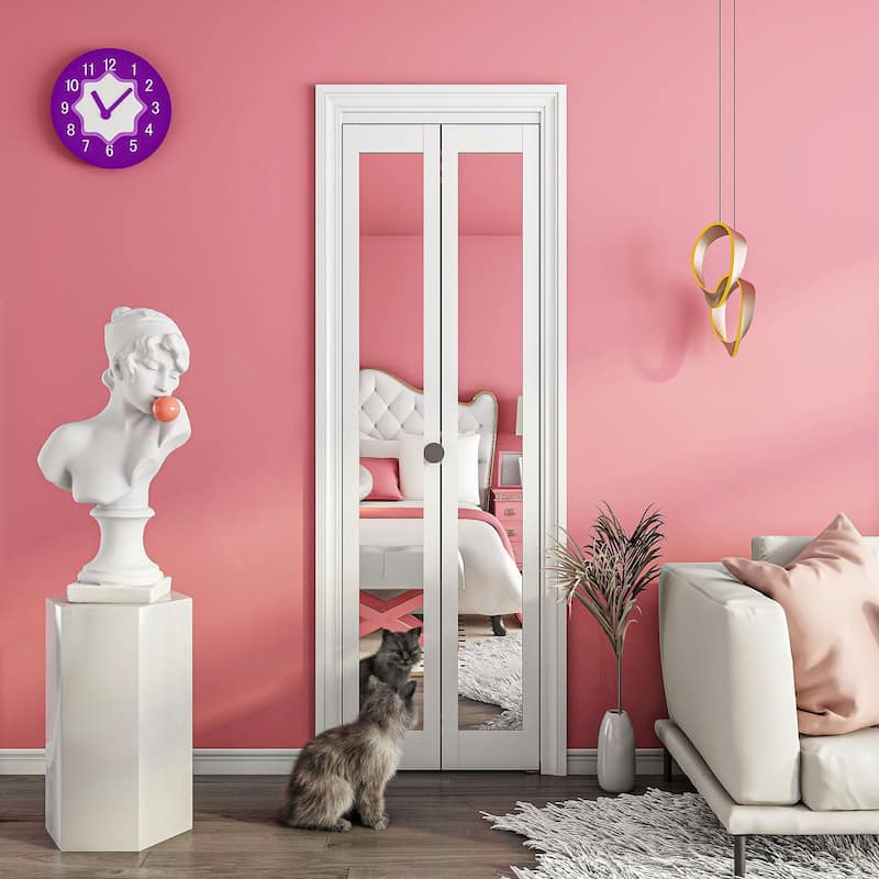 80 in.Double 1 Lite Mirrored Folding Bi-Fold Sliding Barn Door With Installation Hardware Kit - Pink