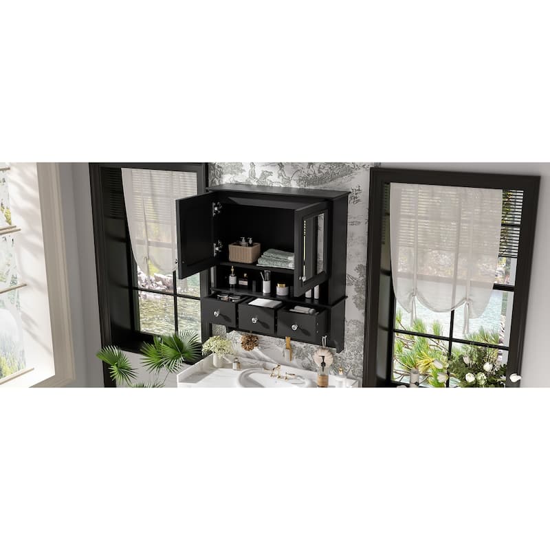 4-in-1 Bathroom Mirror Cabinet,24"Wall Mounted Medicine Cabinet with Drawers & Organizer Hooks,High-Define Mirrors with Storage