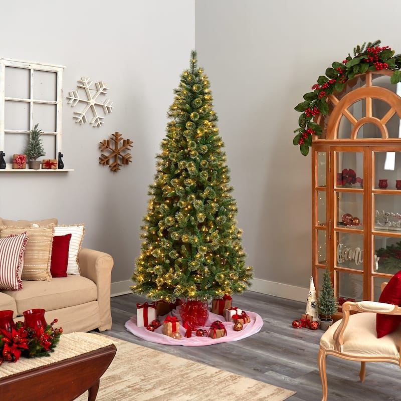 8ft Artificial Christmas Tree Pre-Lit Slim Pine Tree with Lights & Branches - Green - 96