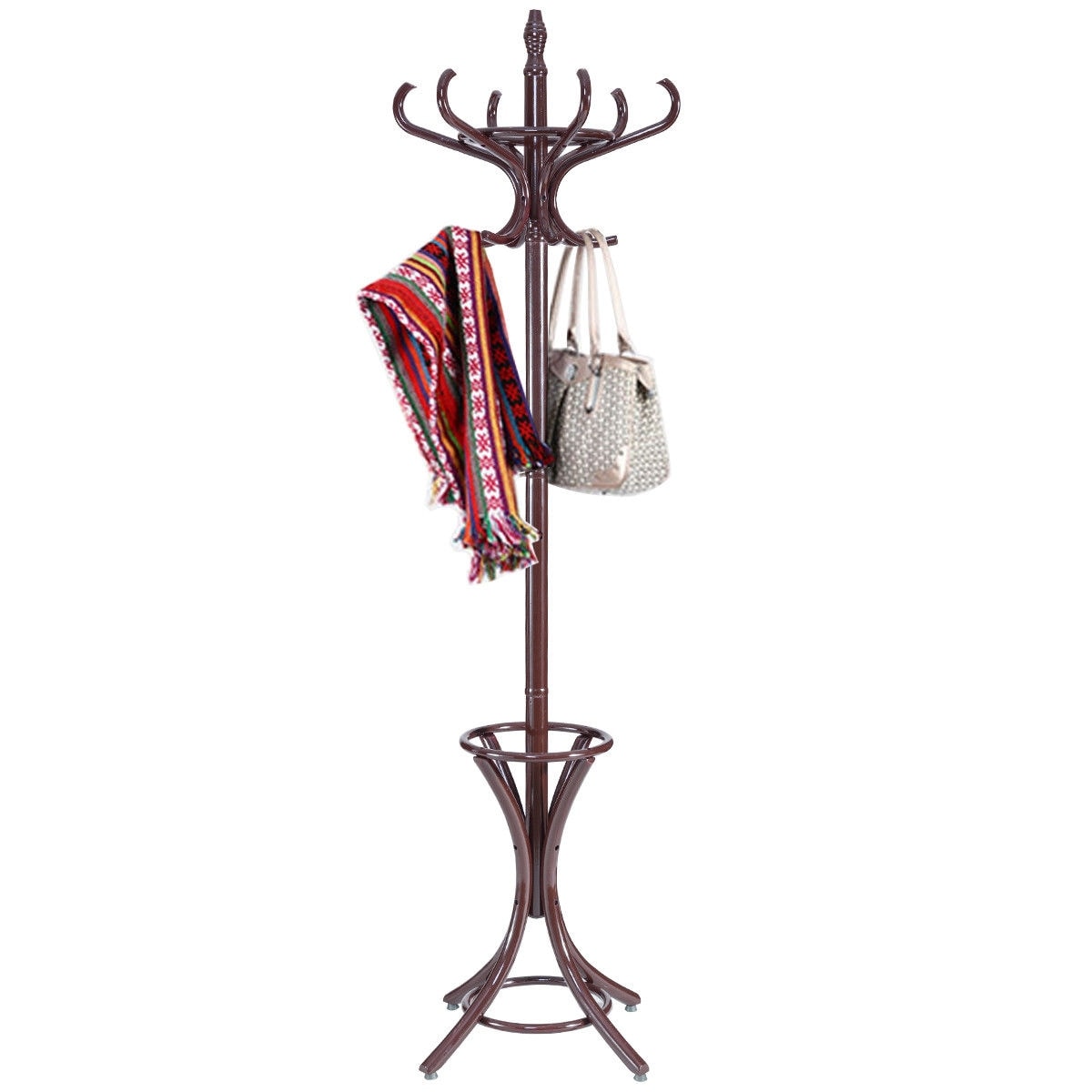 Wooden Standing Coat Rack Tree with 12 Hooks and Umbrella Stand 28 x 28 x 73 L x W x H Brown