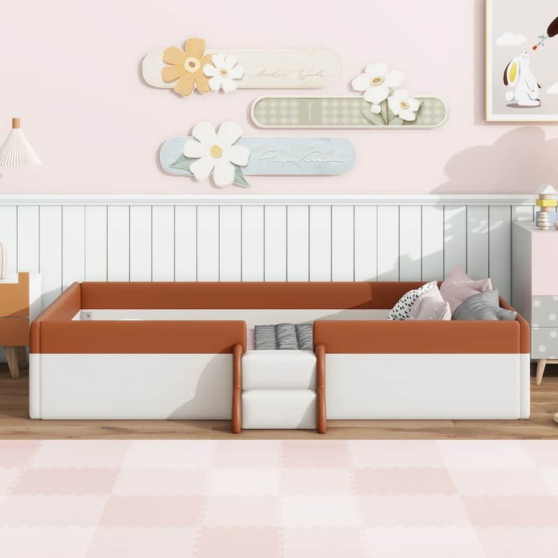 Twin Size Upholstered Daybed Frame with Fence and Stairs,(BROWN+WHITE) - Brown+White