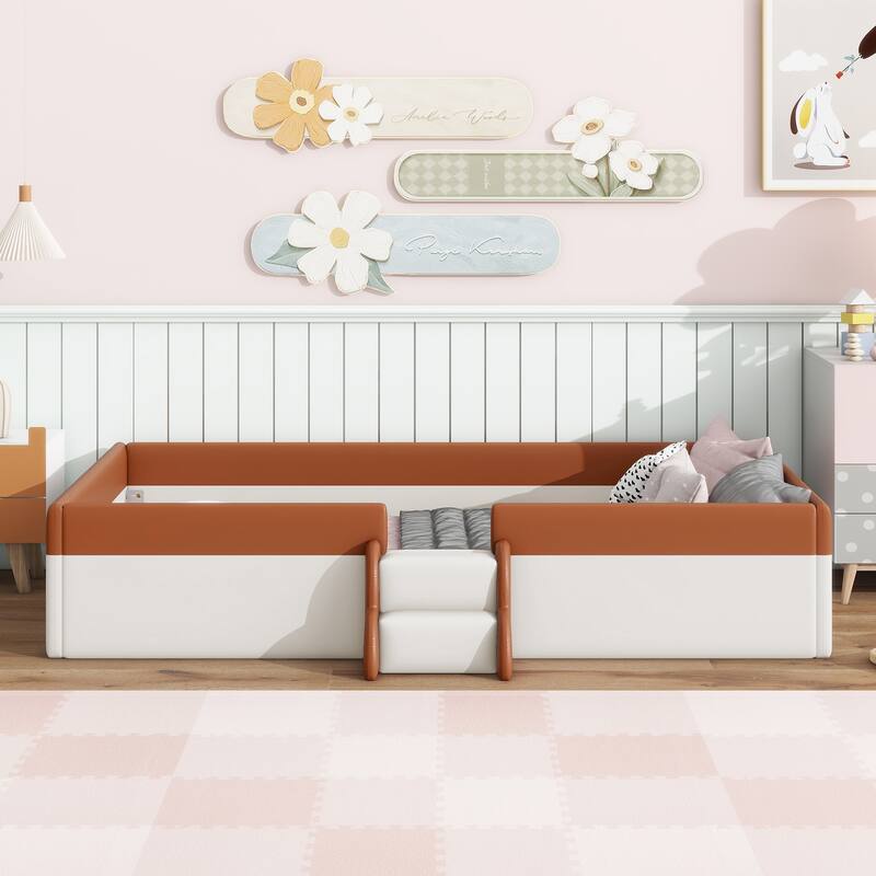 Modern Upholstered Daybed with Fence and Stairs for Kids, Brown+White