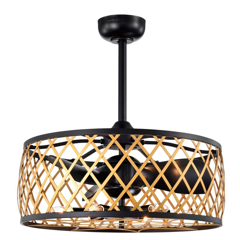 Annas 25 Inch Matte Black and Gold cage Finish Ceiling Lighted Fandelire with Remote